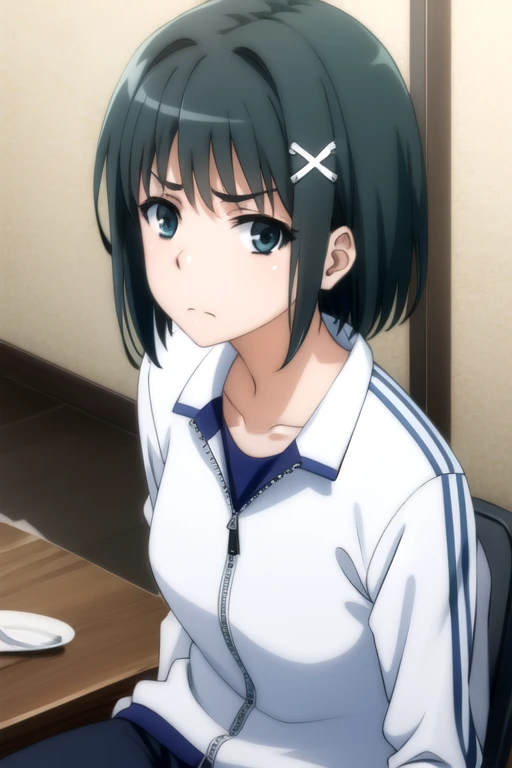 EFT_Sao_Sis, 1girl, kirigaya suguha, black hair, solo, short hair, track jacket, hairclip, hair ornament, jacket, green eyes, food, looking at viewer, black eyes, frown, breasts, sitting, collarbone, upper body, indoors