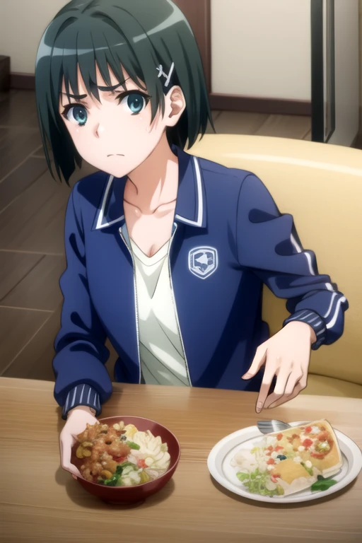 EFT_Sao_Sis, 1girl, kirigaya suguha, black hair, solo, short hair, track jacket, hairclip, hair ornament, jacket, green eyes, food, looking at viewer, black eyes, frown, breasts, sitting, collarbone, upper body, indoors