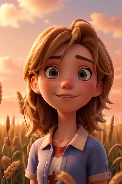 A portrait of a teenager with a dreamy expression,  looking at the horizon , wheat field, sunset,  romantic style ."