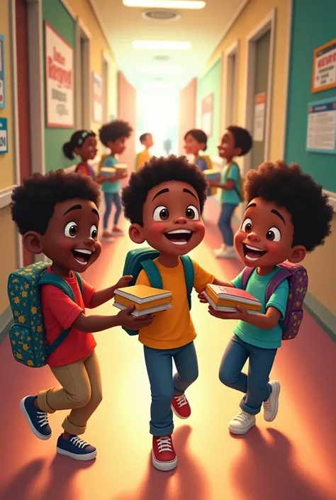 (disney) 3 black boys with their bagpacks distributing books to their friends at school. The scene is the hallway with a few people scattered around. The boys have big smiles. 