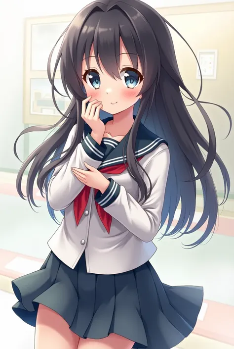 I want to create a anime school wicth student uniform solo girl. Her face like asia japanese face, and her hair is long, and then she balleyes is so beatiful and cute. full body but solo