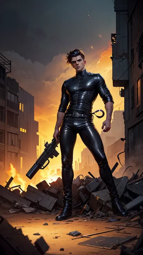 dark and ripped, ((1 young man with beautiful muscular body in leather clothes: 1.6)), full body, fierce expression, holding a gun, (colors in his clothes, hot, orange, yellow, violet: 1.3 ), standing in a desolate field, dramatic lighting, intense shadows...