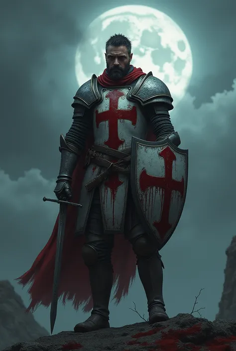 Templar soldier standing with sword in hand and shield on his side after a cruel battle on a moonlit night covered by clouds with his bloody suit and helmet 