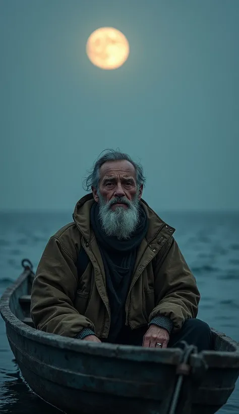 A fisherman with a slightly sad beard, closed his eyes, was sitting in his boat, while in the back there is the sea with a beautiful moon..
