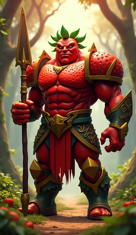 3D cartoon Pixar style, 3D rendering, fruit character, masterpiece, high quality, high detail. A strong man with a strawberry head, a fierce look, and leafy hair. Clad in red-and-green armor, he holds a sharp spear. The background is a lush forest with red...