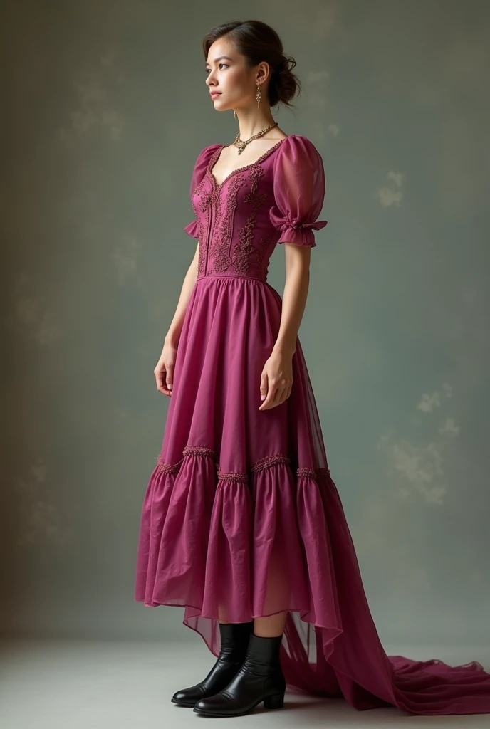 Model wearing vintage magenta cottagecore dress, with black ankle boot.. on the studio. Realistic picture