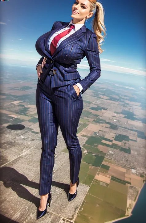 Giga Giantess art 1:4, two highly detailed giga giantess, ginger hair,bbw white woman full body view, 1000 miles tall giga giantess, giga giantess so massive the world is very small to her, huge breasts, light grey pinstriped 3 piece suit with trouser and ...