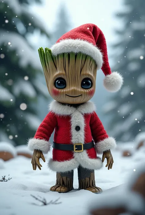 Image of the character Soy Groot, Santa Claus dress in the snow