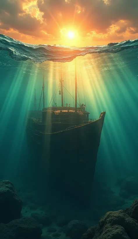 A final view of the glowing shipwreck as the sun sets above the surface, creating contrasting light rays underwater.