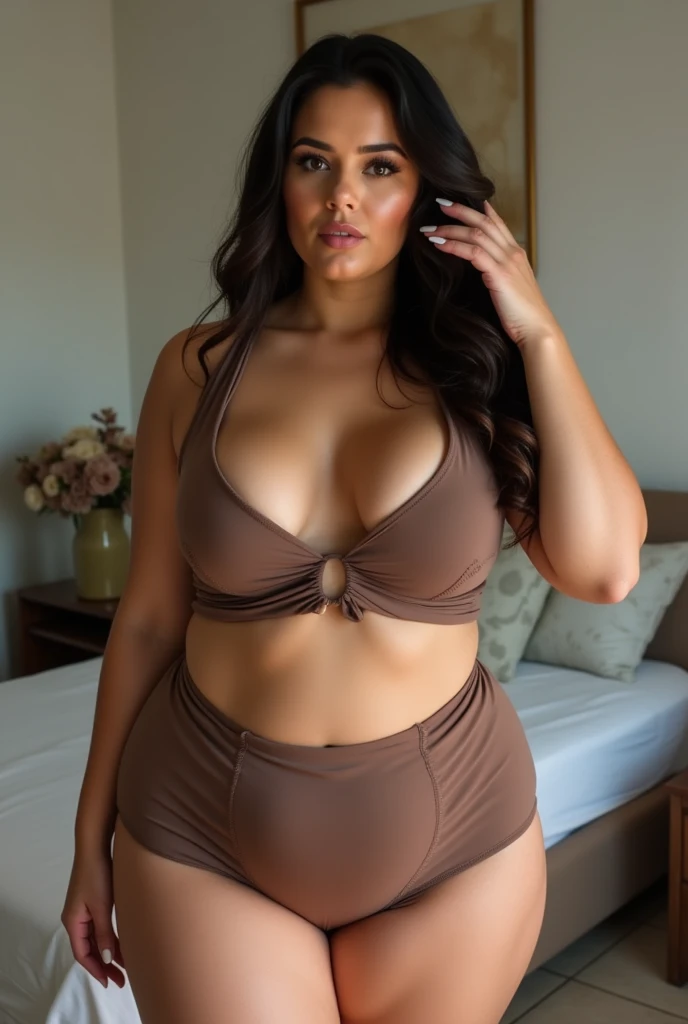 confident woman teasingly poses in a flirty yet elegant manner. She has a curvy figure with thick thighs and a full bust. She is wearing a fitted crop top made of soft, stretchy fabric that clings to her body, with a plunging neckline that accentuates her ...