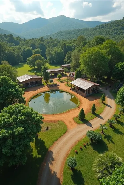  themed farm of 4 hectares , The image that is in the zenith plane,  that has the following characteristics Fence with guadua Guadua Stables and pens for each species, Green camping area and campfire ,  Stone trails , Parking lot,  with capacity for 20-30 ...