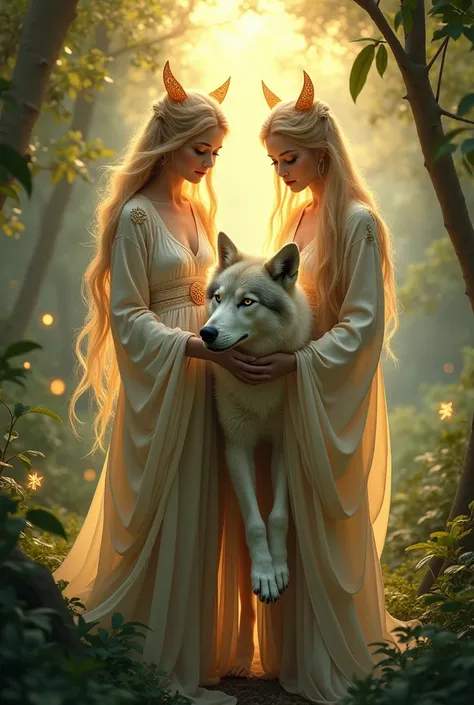 Three ren holding a wolf in a mystical jungle under soft sunlight.
