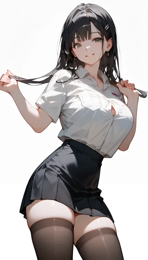 ((Score_9,Score_8_up,Score_7_up)),(((status_anime))), (((anime))), (((1 anime girl))), ((white skin)), high school student, sexy body, thighs, big breast, black hair, standing, soft thighs, (soft body), white shirt, black skirt, black tights, sexy smile, h...