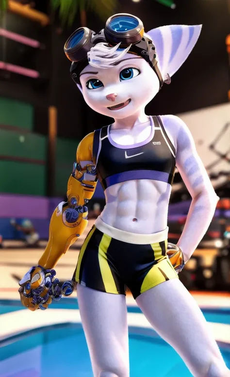 Rivet, tail, furry, 1girl, young, solo, six pack, (yellow cybernetic right arm),(normal left arm), (pink sport shorts with sports bra), standing, pool background, detailed body fur, detailed body, detailed eyes, detailed face, athletic, skinny, high qualit...