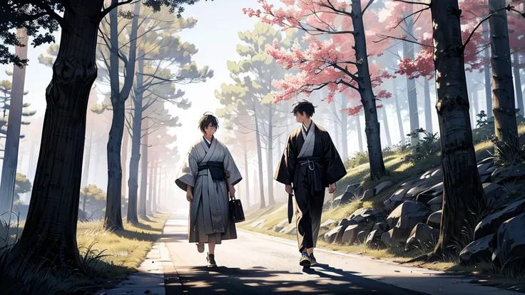 "A lonely, snowless country road set in Meiji-era Japan. A boy and a man are walking together. The boy is  and wearing a simple kimono. The man is 35 and carrying a leather bag. He is dressed in the modest, slightly formal clothing of the late 19th century...