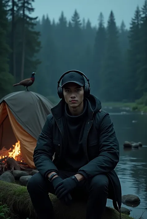 Cool photography style, night shades after rain , A young and handsome Sundanese man , wears large black earphones , wearing a black baseball cap , wears a high-collared black mountain jacket , wears black gloves , sitting on a mossy log , smoking a cigare...