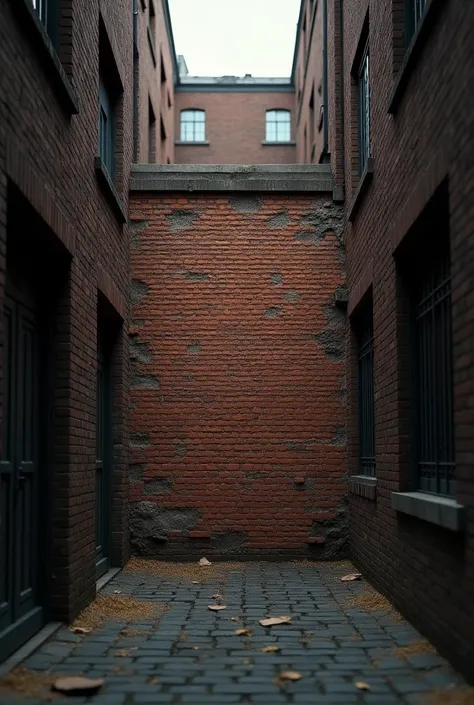 A brick wall in the middle of an alley, side wall further