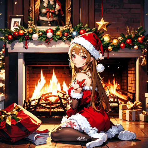 A cozy Christmas scene featuring a girl with red long hair and red eyes dressed as Santa Claus sitting on the floor by a fireplace. The person is wearing a red Santa hat, a red dress with white trim, and white pantyhose. They hold a large, dirty sack, rest...