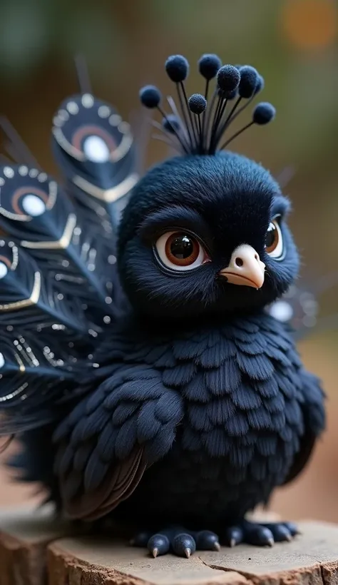 A tiny, striking black peacock with velvety soft feathers in rich, deep shades of ebony and charcoal. Its face is sweet and charming, with gleaming, bright eyes and a tiny crest on its head. The peacocks tail feathers open, revealing a stunning fan of shim...