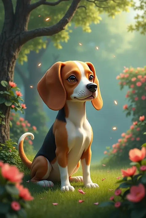 An unrealistic Beagle dog in a park with trees and shrubs