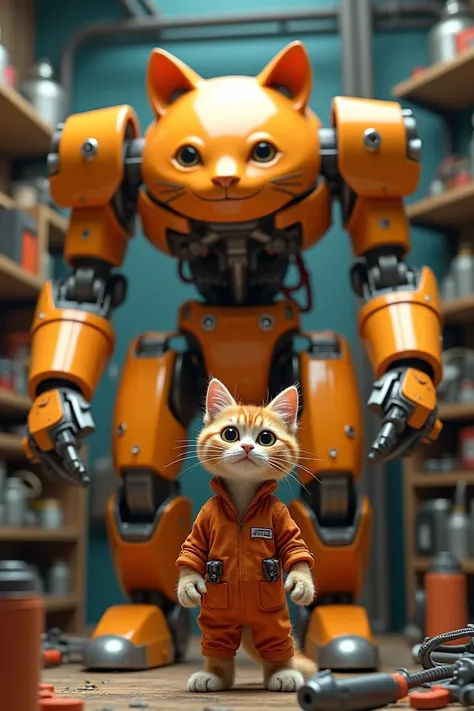 Generate a high quality 3D image:An orange cat wear mechanics costume and making a giant cat robot an orange colour 