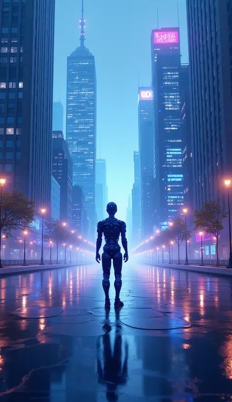 A picture of a city where blue and purple colors are intense and where a robot person is trying to establish a connection with this city, evoking the words automation, automotive, robotics, energy and electricity, and this robot person is at the center of ...