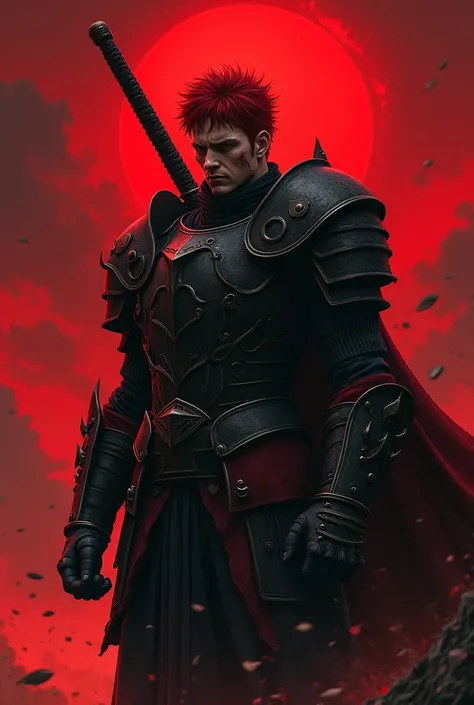 Red-haired Guts ,  with Berserk armor without the helmet ,  small wounds on his face and the Dragon Slayer on his back,  a red sky in the background 