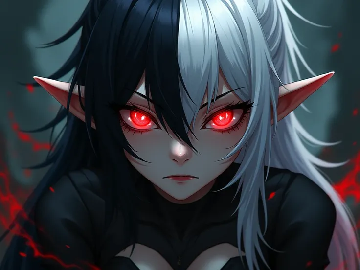  Makes a demon with black hair on one side and white on the other with light red eyes styler   , anime,  angry , endroit sombre , 