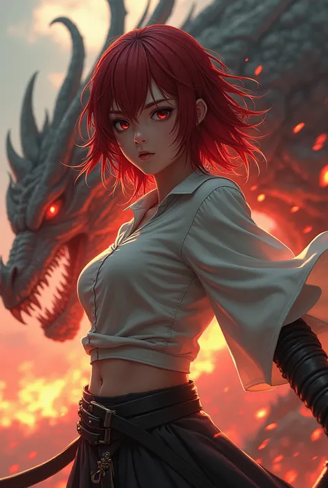  girl, bangs,  Anatomically Correct,  medium hair, Grown-up、 red hair、anime、 sexy、 imaginary、Disheveled Hair、Magic Swordsman、Slay by a dragon、 demonic expression