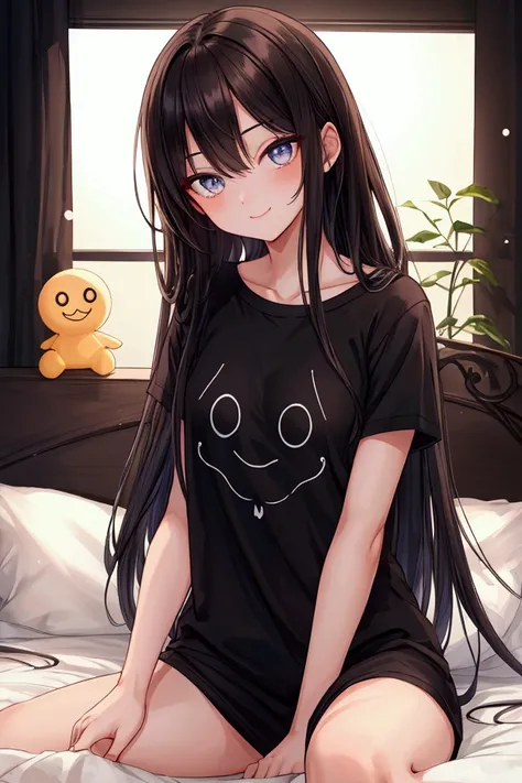 1 beautiful girl ,  dark hair ,  dark background, On the bed, masterpiece,  top quality, clear eyes,  smiley face, clear eyes동자,  dark eyed,  slender body,  tight t-shirt, Long hair,