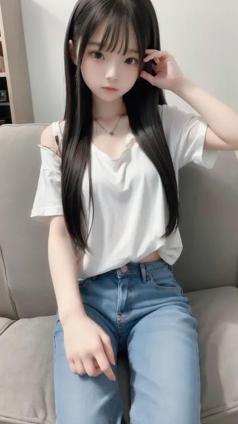  1 girl ,Alone, best quality,   Masterpiece , 8k,born photograph, photograph ( object ),  very detailed, born, realistic , sitting,  watch viewers,jeans, white t-shirt, long hair, black hair, Sofa,