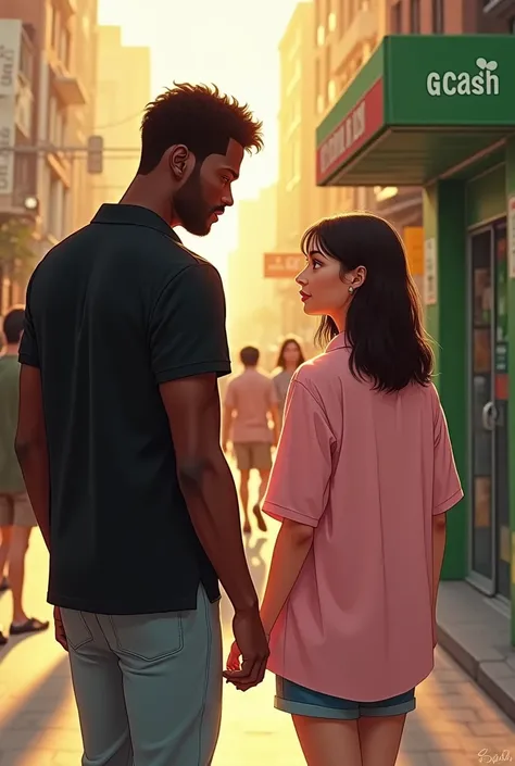 tall, handsome, and moreno man wearing black polo shirt is walking towards a soft girl wearing baby pink oversized shirt. its like the girls point of view however shes still in the picture. it is on a busy street and with other people however they are the ...