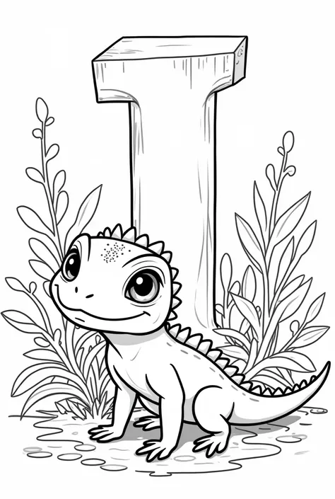 cartoon line drawing of a cute iguana baby ,  black and white image,  coloring book with fun backgrounds showing an entire uppercase letter I of the alphabet in a block capital letter in the background,  JUNGLE BOTTOM,   , well-defined lines.