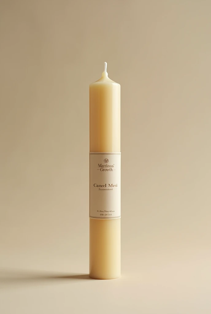 Beige candle 12 cm high by 1 cm wide that says Mariana growth
