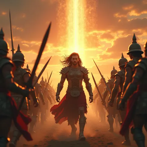 "A symbolic depiction of Abhimanyu in his final moments within the Chakravyuha. The scene shows him valiantly fighting multiple warriors, his armor battered but his spirit unbroken. The background captures a sunset, symbolizing the end of his life, with di...