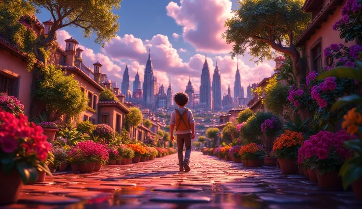 Pixar Anime-style image: View from afar: Two paths: one leads to a bustling city with bright lights and temptations, the other is narrow and bright, leading to paradise. A man stands at the intersection of two roads