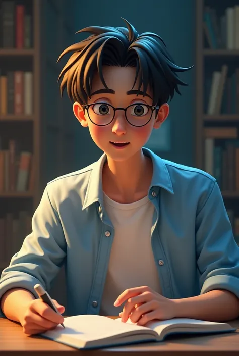 Skinny 16-year-old intellectually styled young man wears glasses Brown hair Basic hair style distributed Korean style . 3D art style .  Clothes basic white shirt as an overlay of a light blue dress shirt unbuttoned .  Scenario a library with a mysterious a...