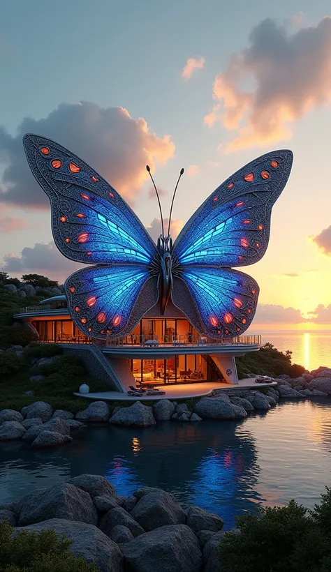 "A realistic futuristic mansion inspired by ornate butterfly designs, featuring intricate metallic patterns and glowing blue and red lights illuminating the structure from the front view. The mansion, with ultra-realistic textures, sits on a sea shore, sur...