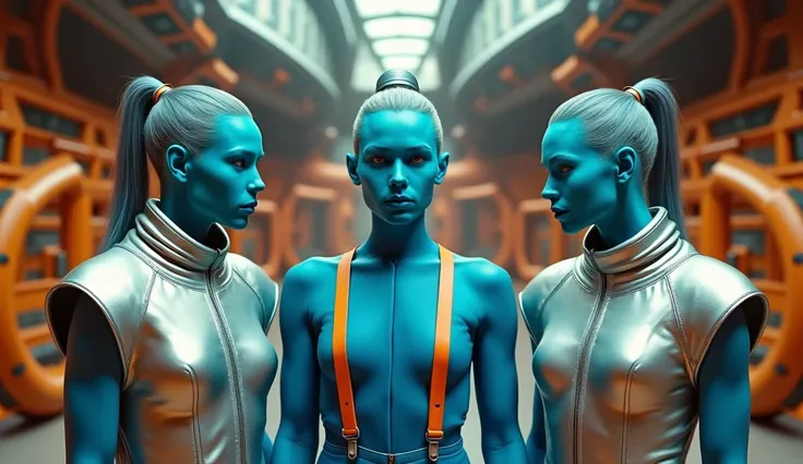 Three individuals with blue skin, dressed in metallic, futuristic attire, standing around another person in a blue jumpsuit with orange suspenders. The setting is a retro-futuristic sci-fi environment, featuring advanced machinery and a sleek spacecraft in...