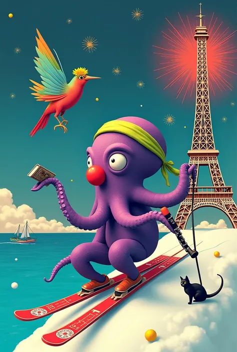 pieuvre masculine violette avec qui porte un bandeau fluo de sport vert, un nez de clown rouge et qui est sur deux skis sur le long dune grande tour Eiffel en cartes à jouer das de coeur et en direction de leau bleu clair
rajouter un oiseau avec une fleur ...