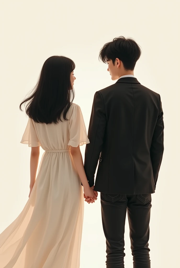  a Korean girl with medium black hair ,  wearing a white dress,  holding the hand of a Korean boy with short black hair, wearing black jeans and a black jacket .  The two holding hands and back in the photo 