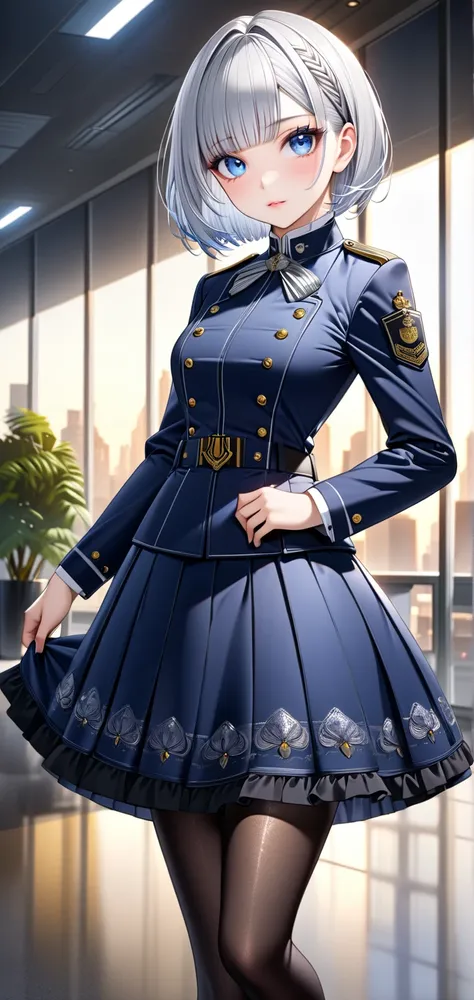 Ultra high resolution, rich colors, perfect image, top quality, detailed image, beautiful single woman, glowing skin, skin and clothing texture, delicate eyes, office background, enforcer-style military uniform lolita, skirt, tights, loafers, full body, ((...