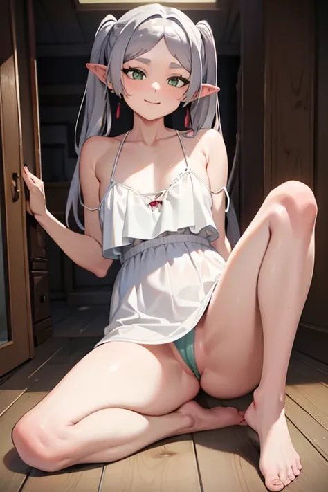 indoors, inn, medieval room, 1girl, solo, frieren, green eyes, grey hair, twintails, thick eyebrows, pointy ears, earrings, camisole, short white  camisole, straps, spaghetti straps, collarbone, flat chest, looking at viewer, head towards viewer, eyes half...