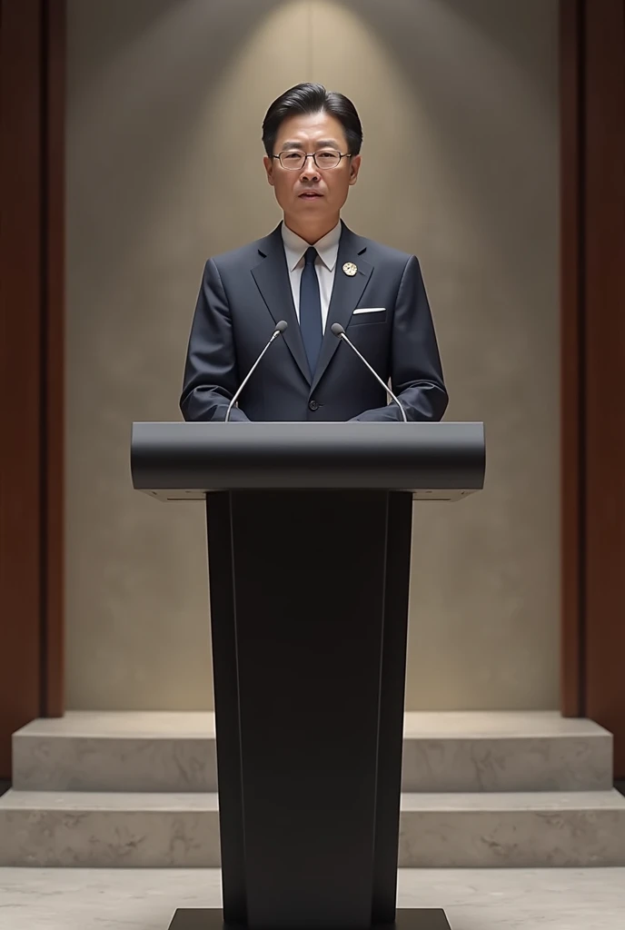 A South Korean politician in an elegant suit, standing at a lectern . 