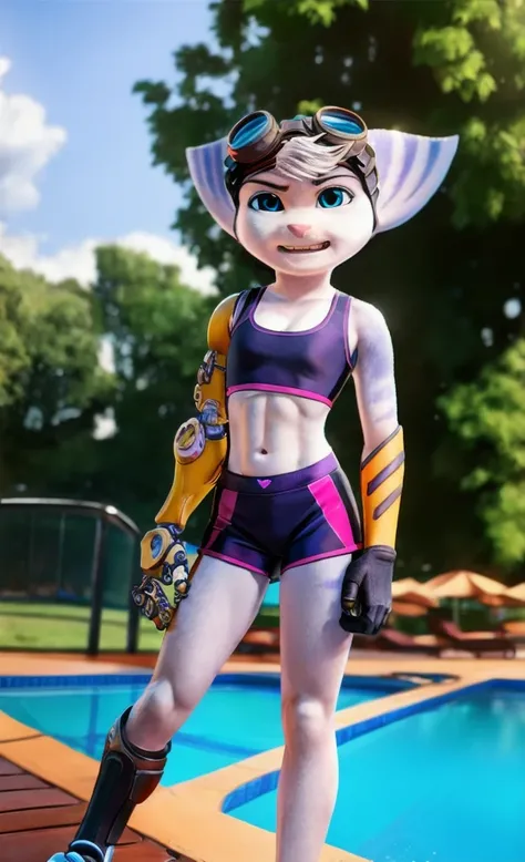 Rivet, tail, furry, 1girl, young, solo, six pack, full body, (yellow cybernetic right arm),(normal left arm), (pink sport shorts with sports bra), standing, pool background, detailed body fur, detailed body, detailed eyes, detailed face, athletic, skinny, ...