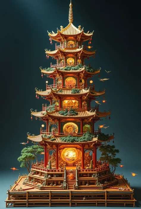 The Throne Pagoda was a five-story bamboo-and-silk structure erected on a platform formed from twenty thick bamboo poles—ten across, ten perpendicular. The four lower stories of the Throne Pagoda were filled with intricate, jewel-like clockwork models whos...