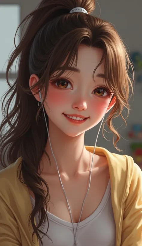 A Solo ,  high resolution , fringe,  brown hair ,  very long hair ,  ponytail , toys,  earphone, smile,  embarrassed , hair, realistic