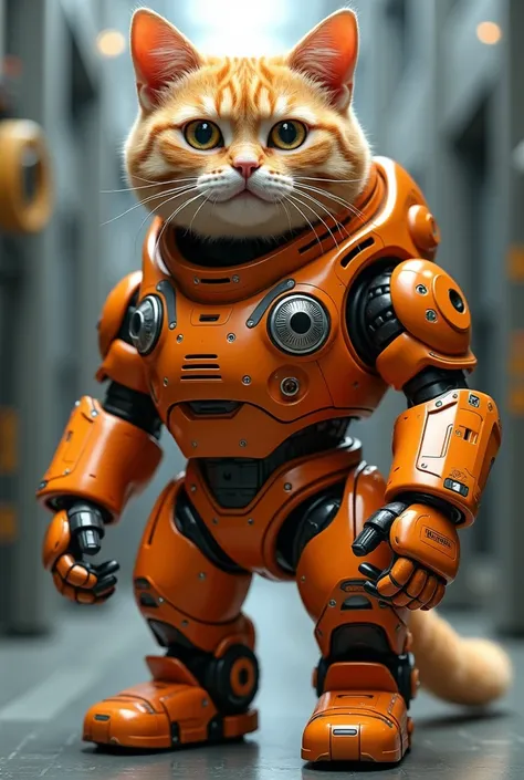 Generate a high quality 3D image:An orange cat wear mechanics costume and joint to a hand in a giant cat robot an orange colour 