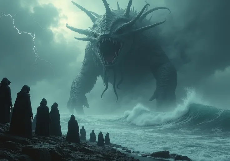 2 A scene from the Apocalypse with the Beast emerging from the sea ,  surrounded by storms and worshiped by dark figures on the shore.
