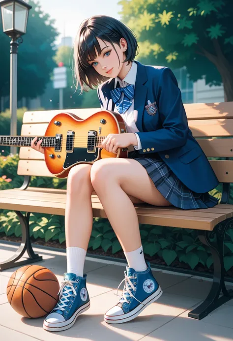 masterpiece,  high definition ,  cinematic lighting , Park overlooking the harbor , Alone,  A high school girl sitting on a bench playing an electric guitar  ( A light blue Fender Stratocaster),  beautiful girl,  black hair,  short bob, High School Uniform...